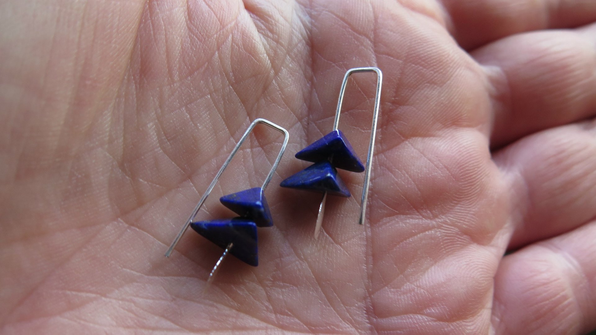 small lapis lazuli earrings. royal blue gemstone jewelry. triangle earrings.