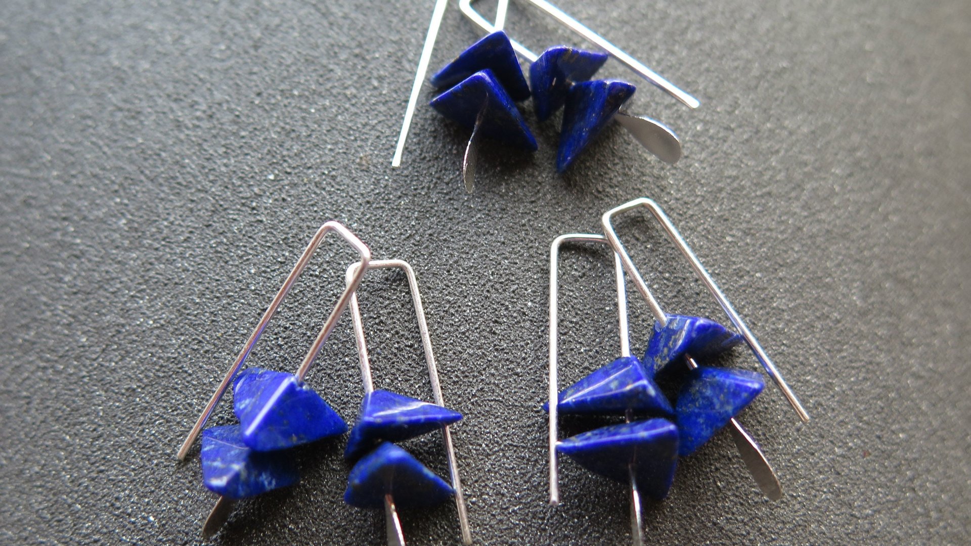 small lapis lazuli earrings. royal blue gemstone jewelry. triangle earrings.