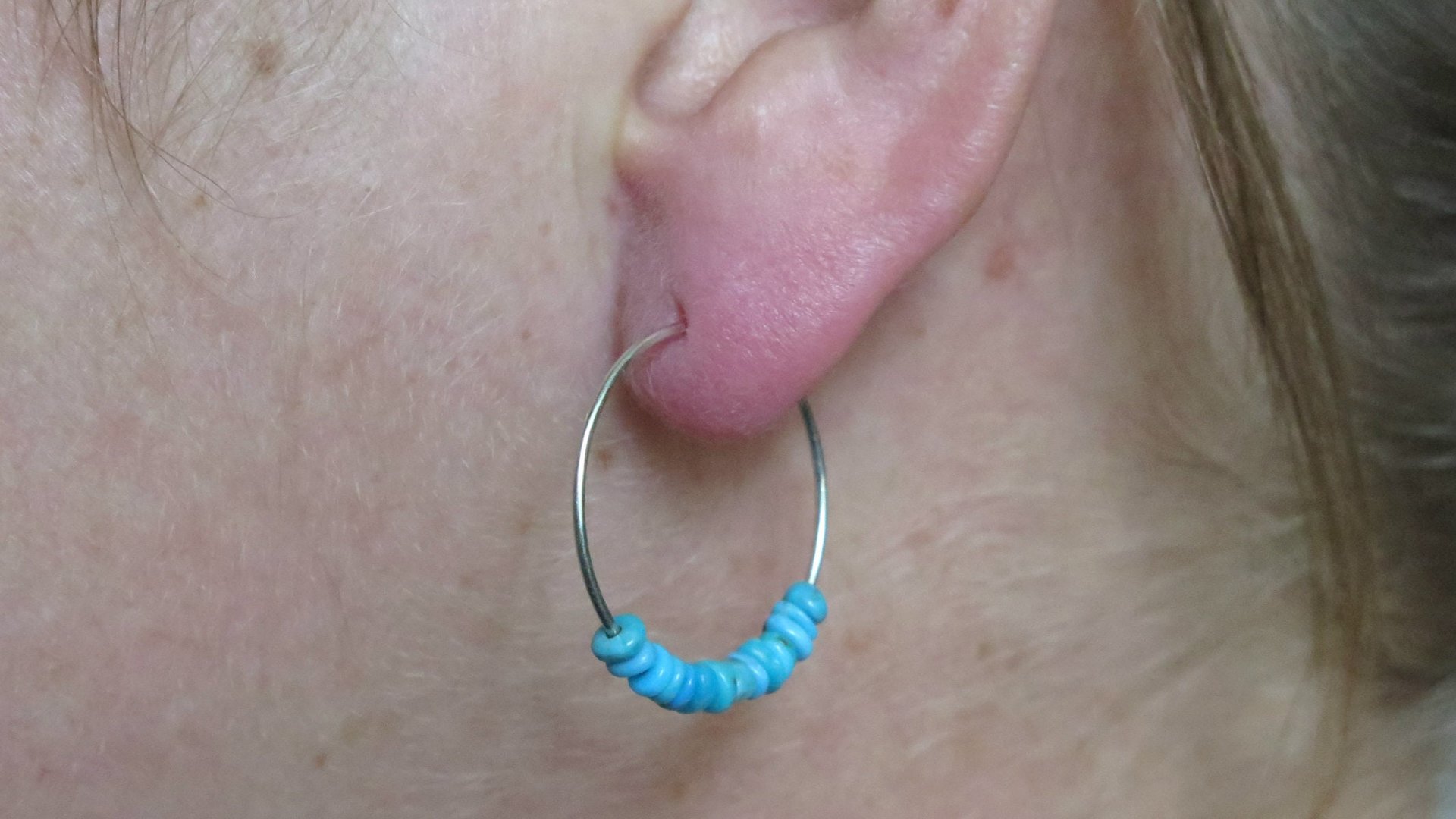 natural turquoise earrings. small 7/8 inch sterling silver hoops. Canadian seller in Calgary. turquoise jewelry.
