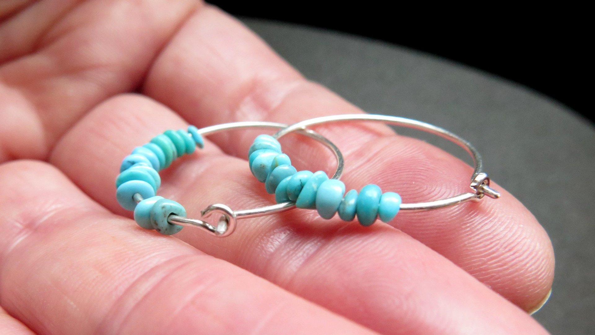 natural turquoise earrings. small 7/8 inch sterling silver hoops. Canadian seller in Calgary. turquoise jewelry.