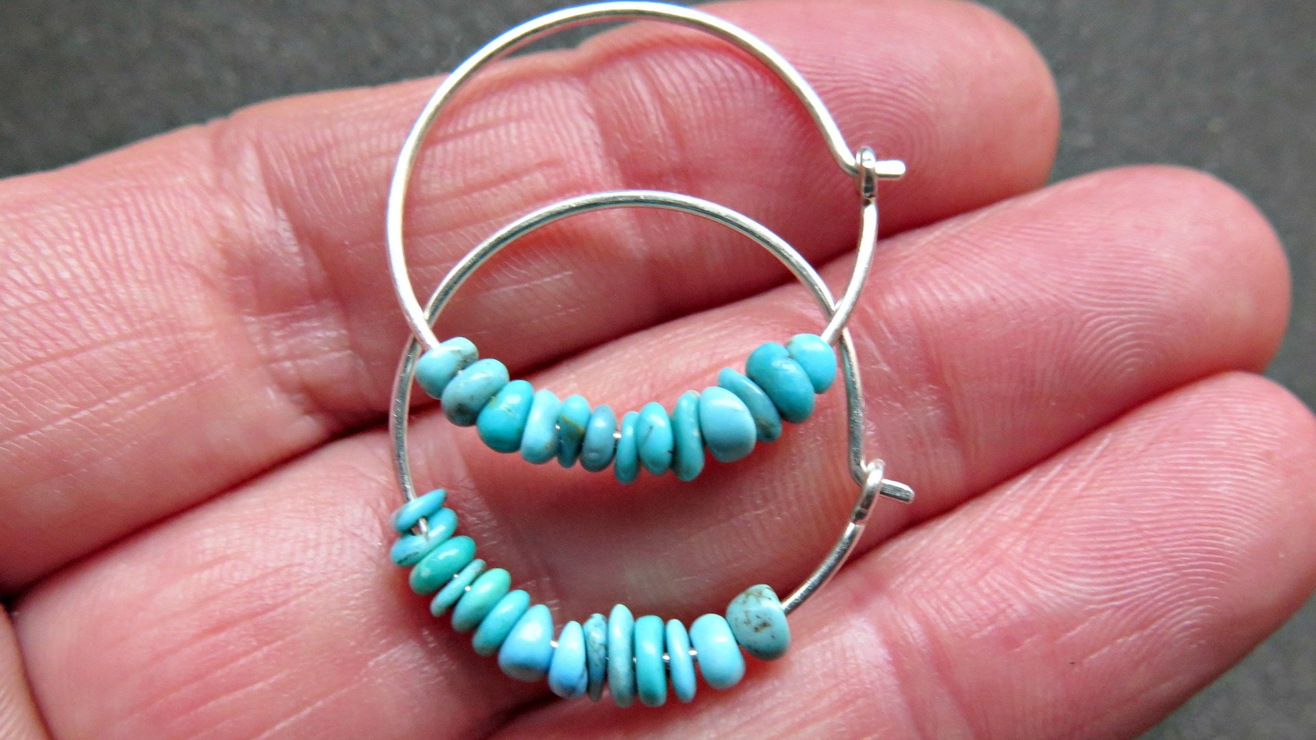natural turquoise earrings. small 7/8 inch sterling silver hoops. Canadian seller in Calgary. turquoise jewelry.