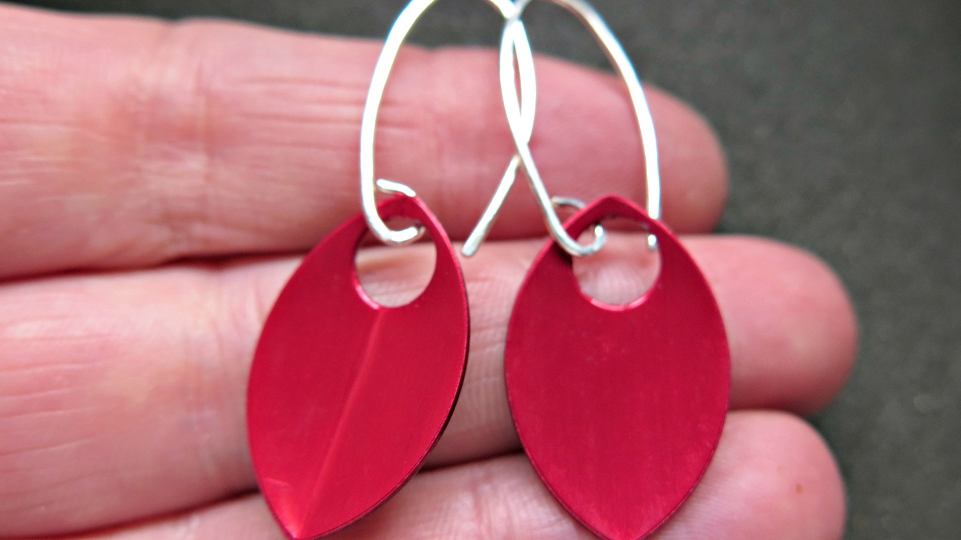 crimson red earrings in sterling silver. red jewellery. sterling silver dangle earings.