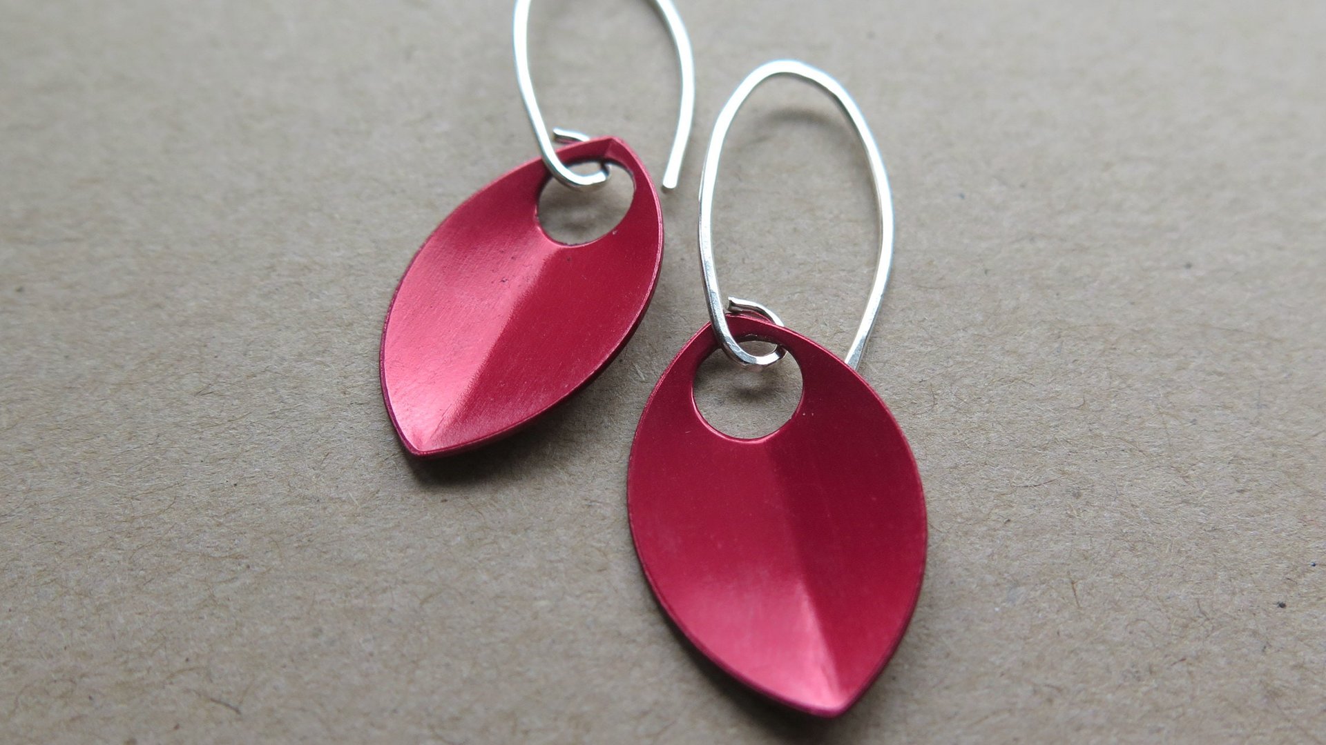 crimson red earrings in sterling silver. red jewellery. sterling silver dangle earings.