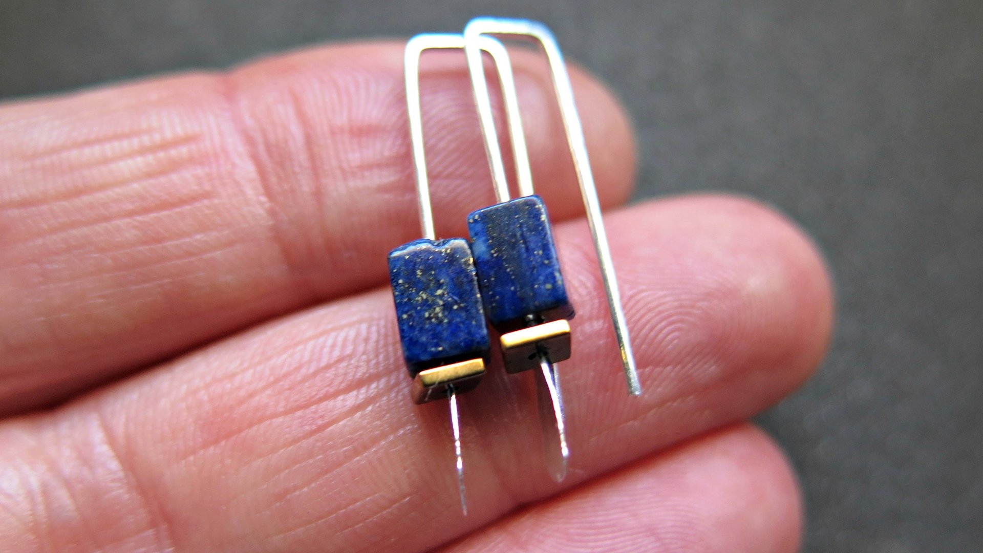 small lapis lazuli earrings. navy blue and gold hematite jewelry. rectangle earrings. made in Calgary
