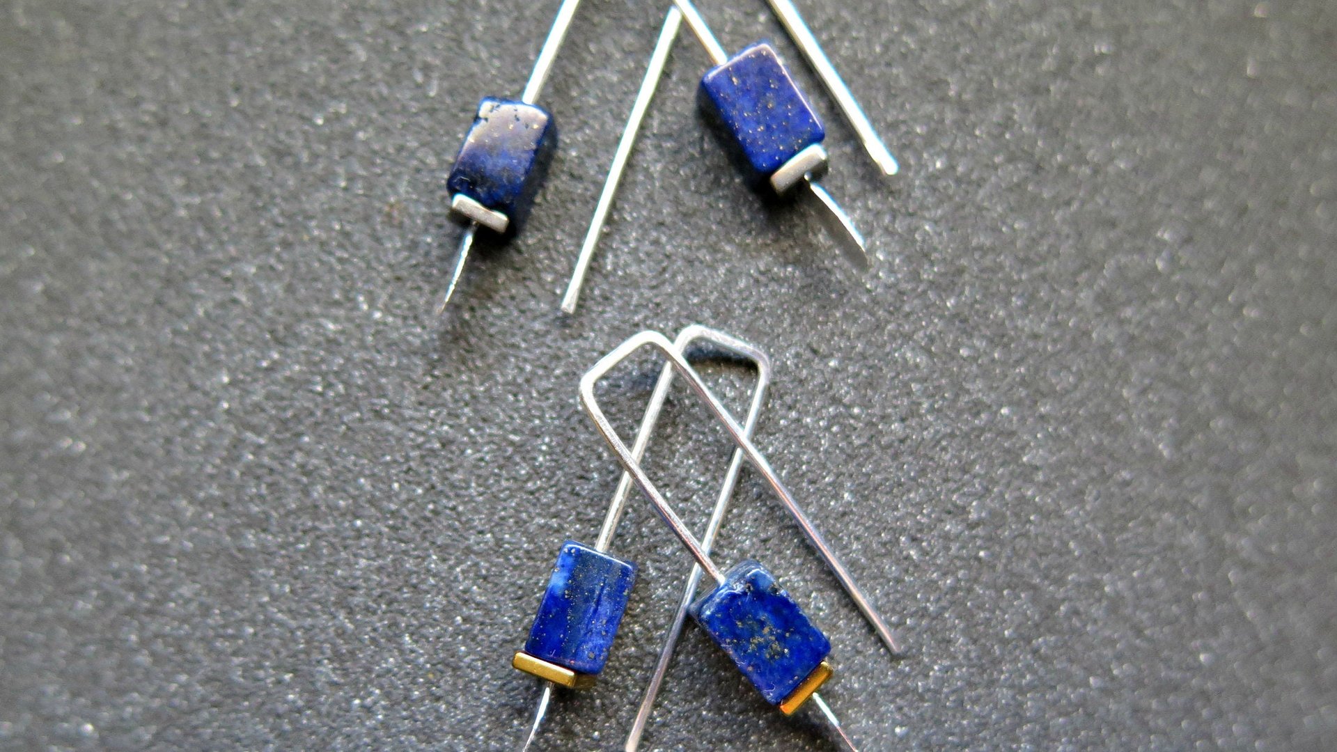 small lapis lazuli earrings. navy blue and gold hematite jewelry. rectangle earrings. made in Calgary