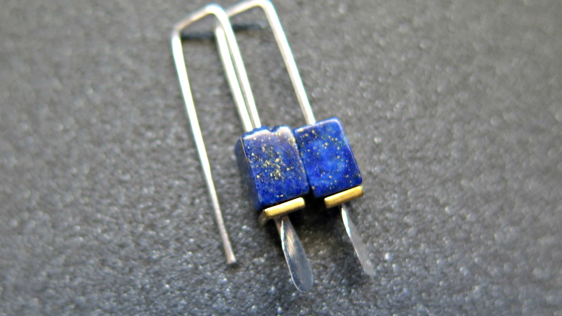 small lapis lazuli earrings. navy blue and gold hematite jewelry. rectangle earrings. made in Calgary