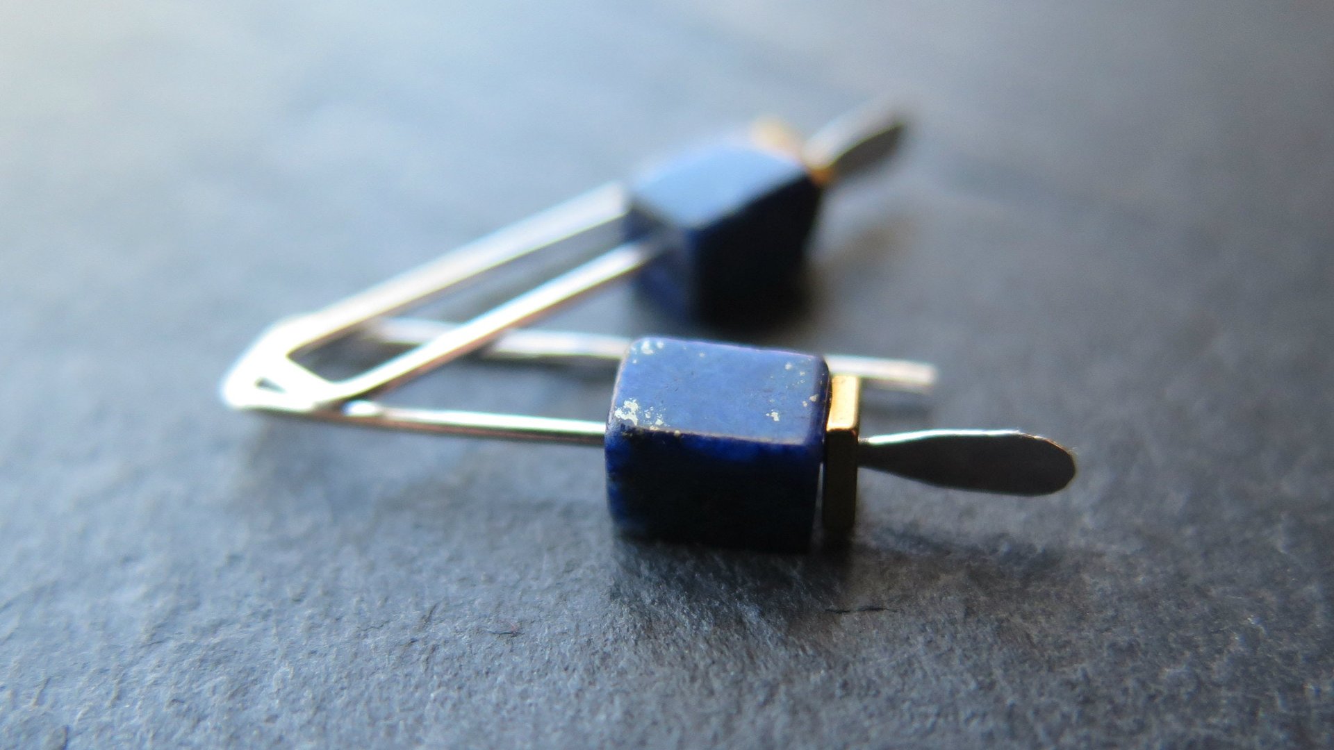 small lapis lazuli earrings. navy blue and gold hematite jewelry. rectangle earrings. made in Calgary