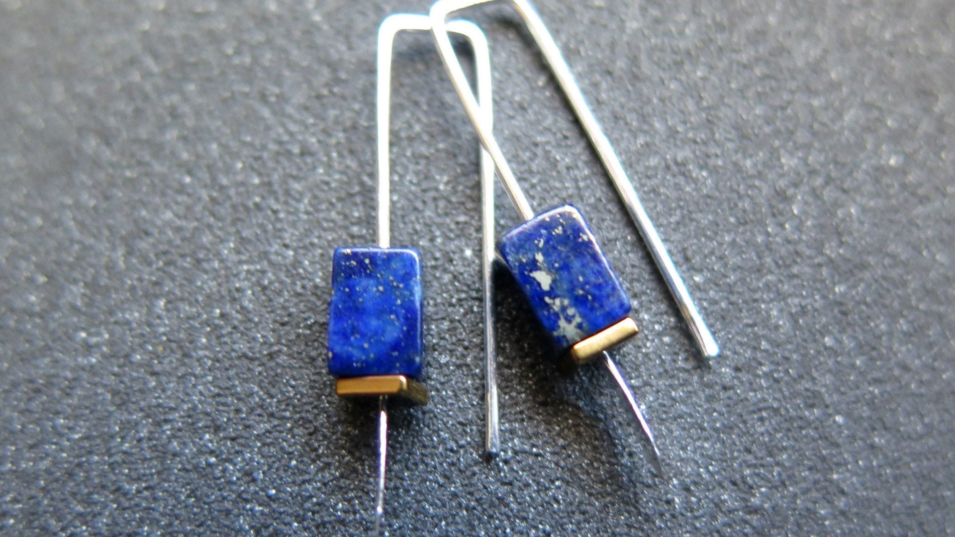 small lapis lazuli earrings. navy blue and gold hematite jewelry. rectangle earrings. made in Calgary