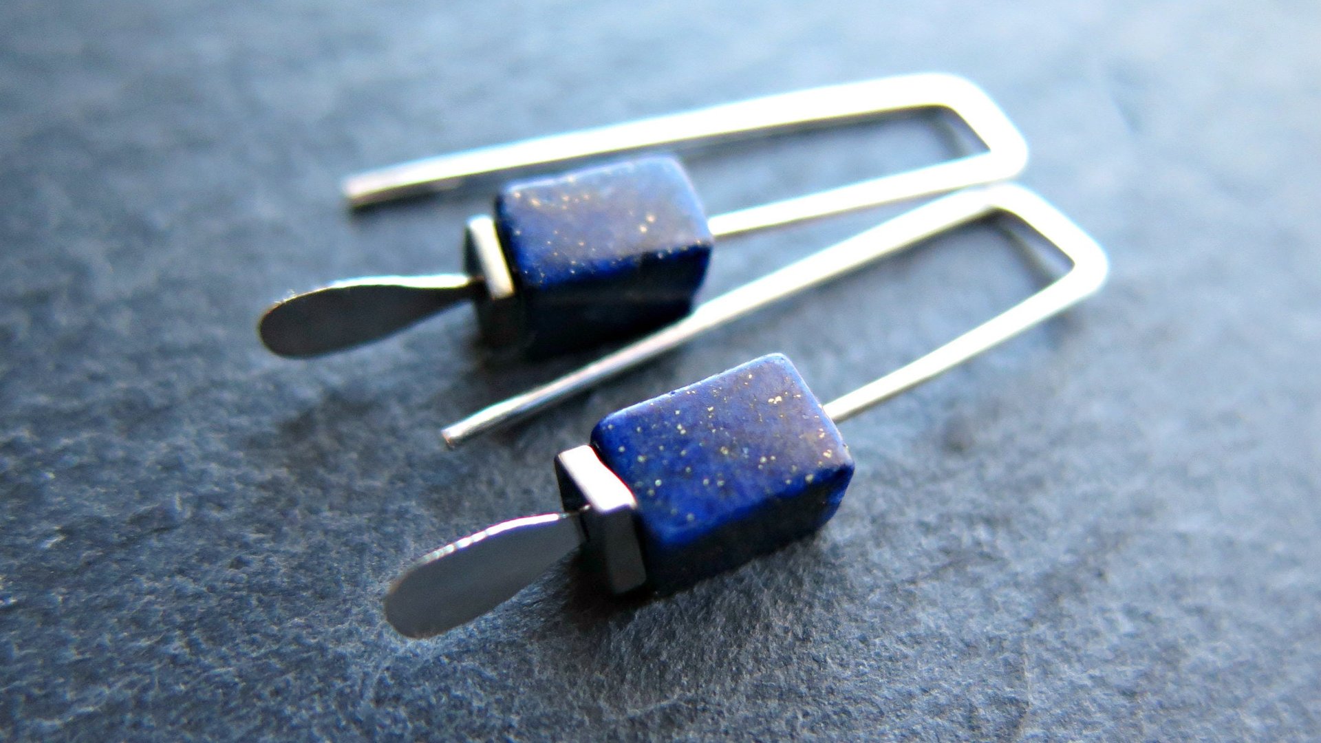 small lapis lazuli earrings. navy blue and gold hematite jewelry. rectangle earrings. made in Calgary