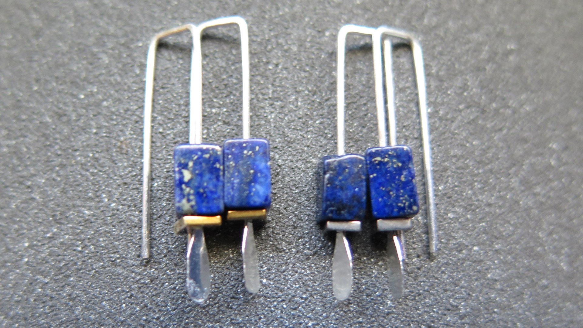 small lapis lazuli earrings. navy blue and gold hematite jewelry. rectangle earrings. made in Calgary