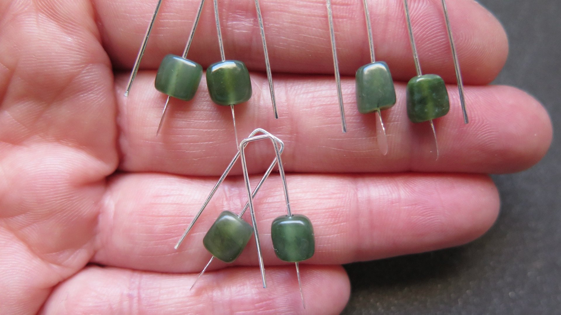 irregular cut green jade earrings. Canadian jade jewelry. small natural jade earrings.