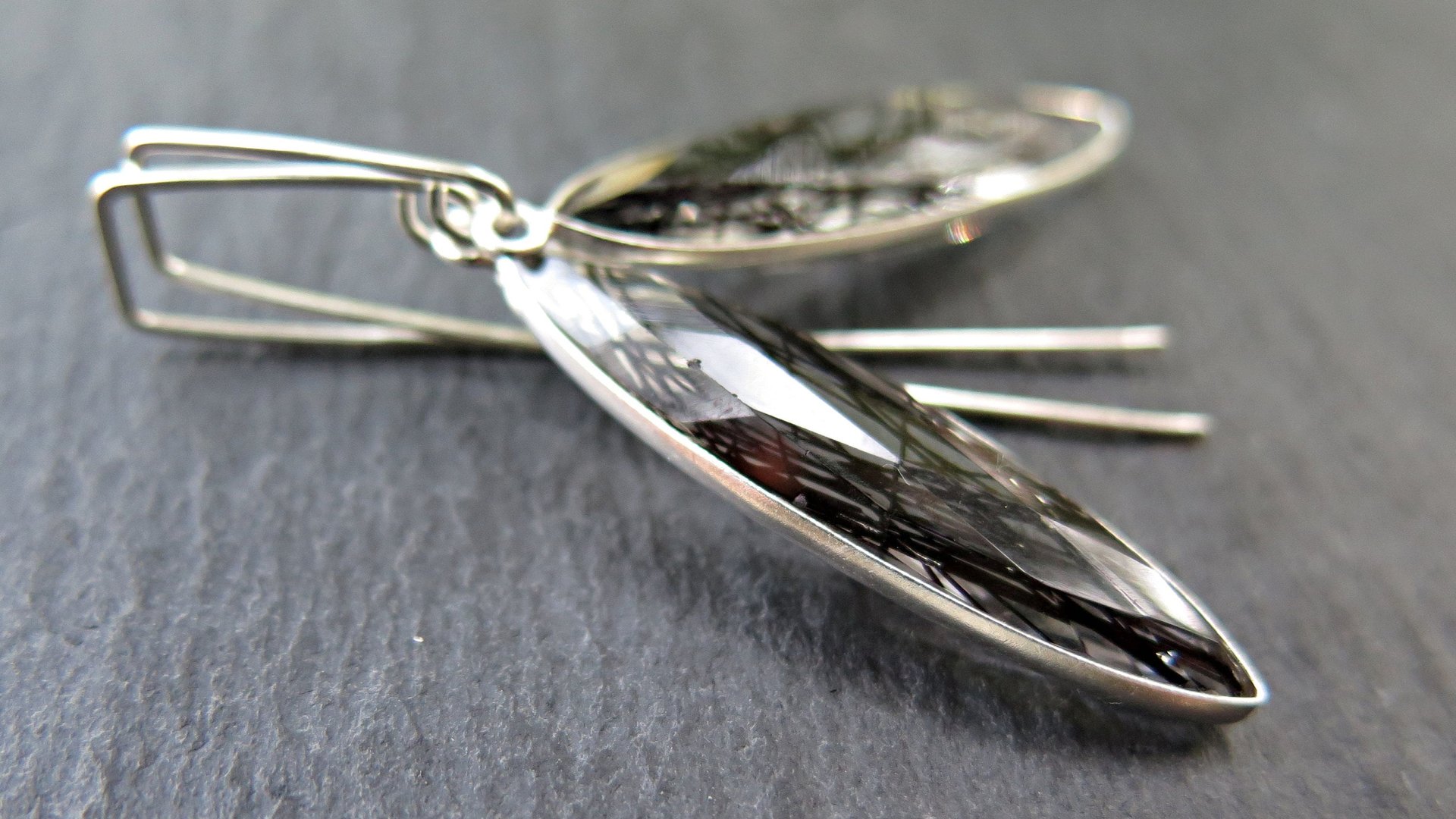 artisan rutilated quartz earrings in sterling silver. gorgeous black dangle earrings in sterling silver. natural gemstone jewellery