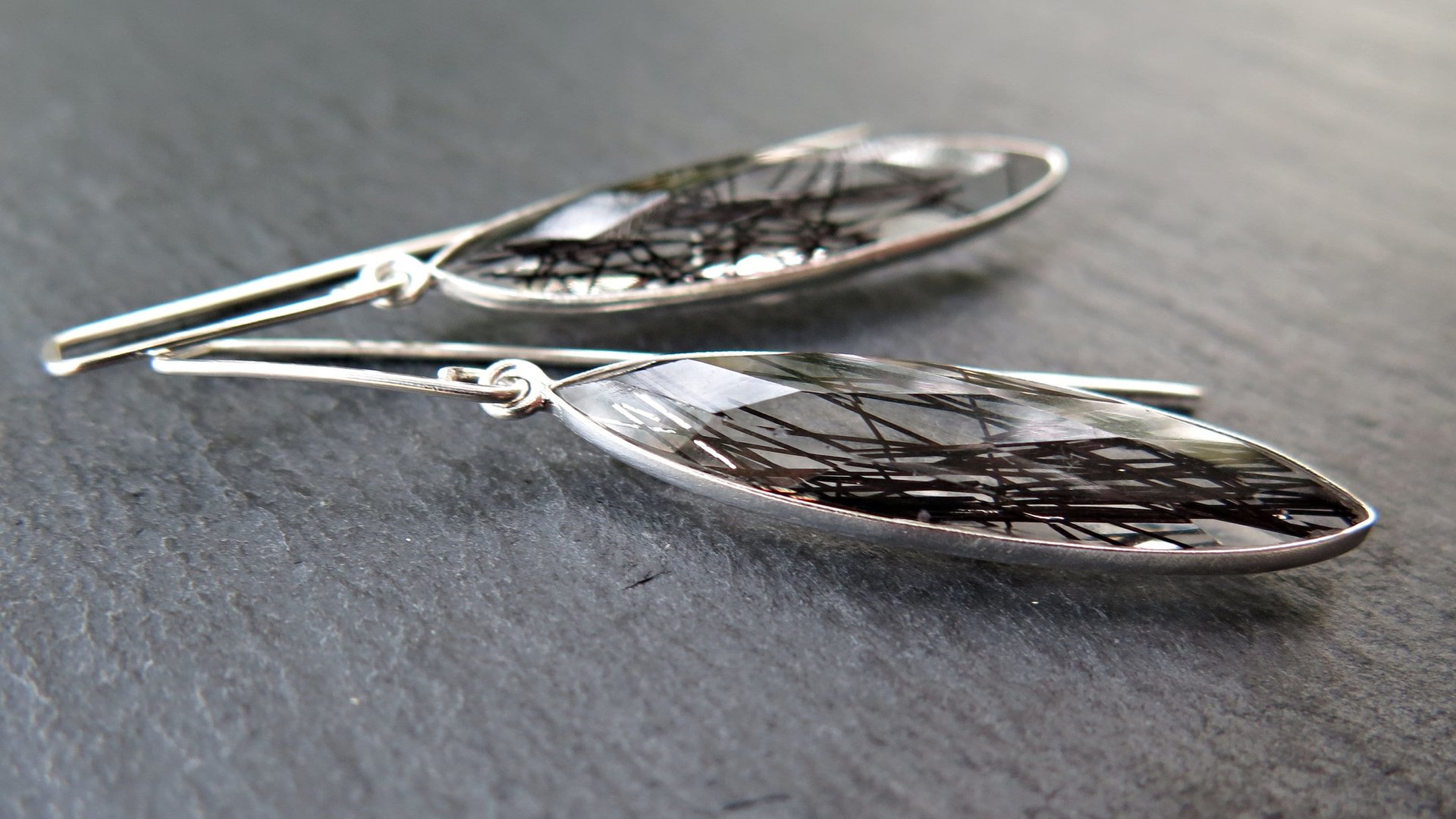 artisan rutilated quartz earrings in sterling silver. gorgeous black dangle earrings in sterling silver. natural gemstone jewellery