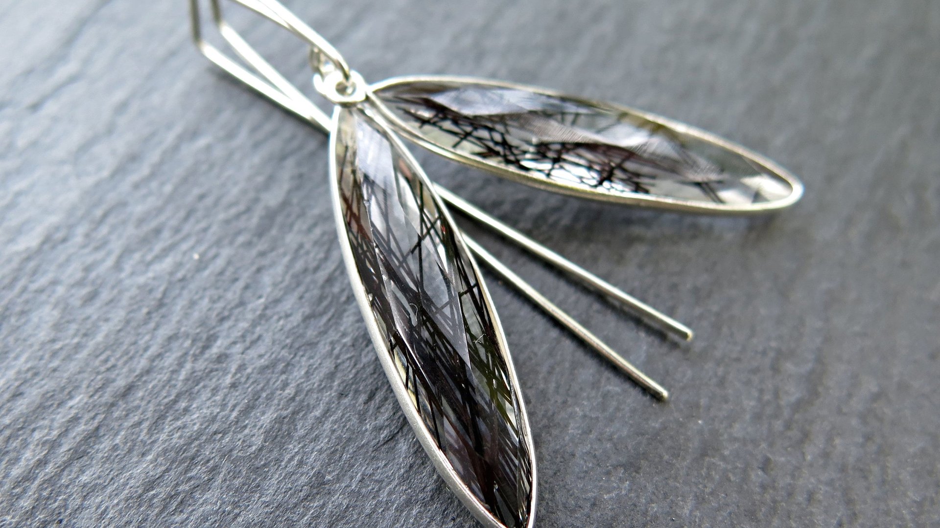 artisan rutilated quartz earrings in sterling silver. gorgeous black dangle earrings in sterling silver. natural gemstone jewellery
