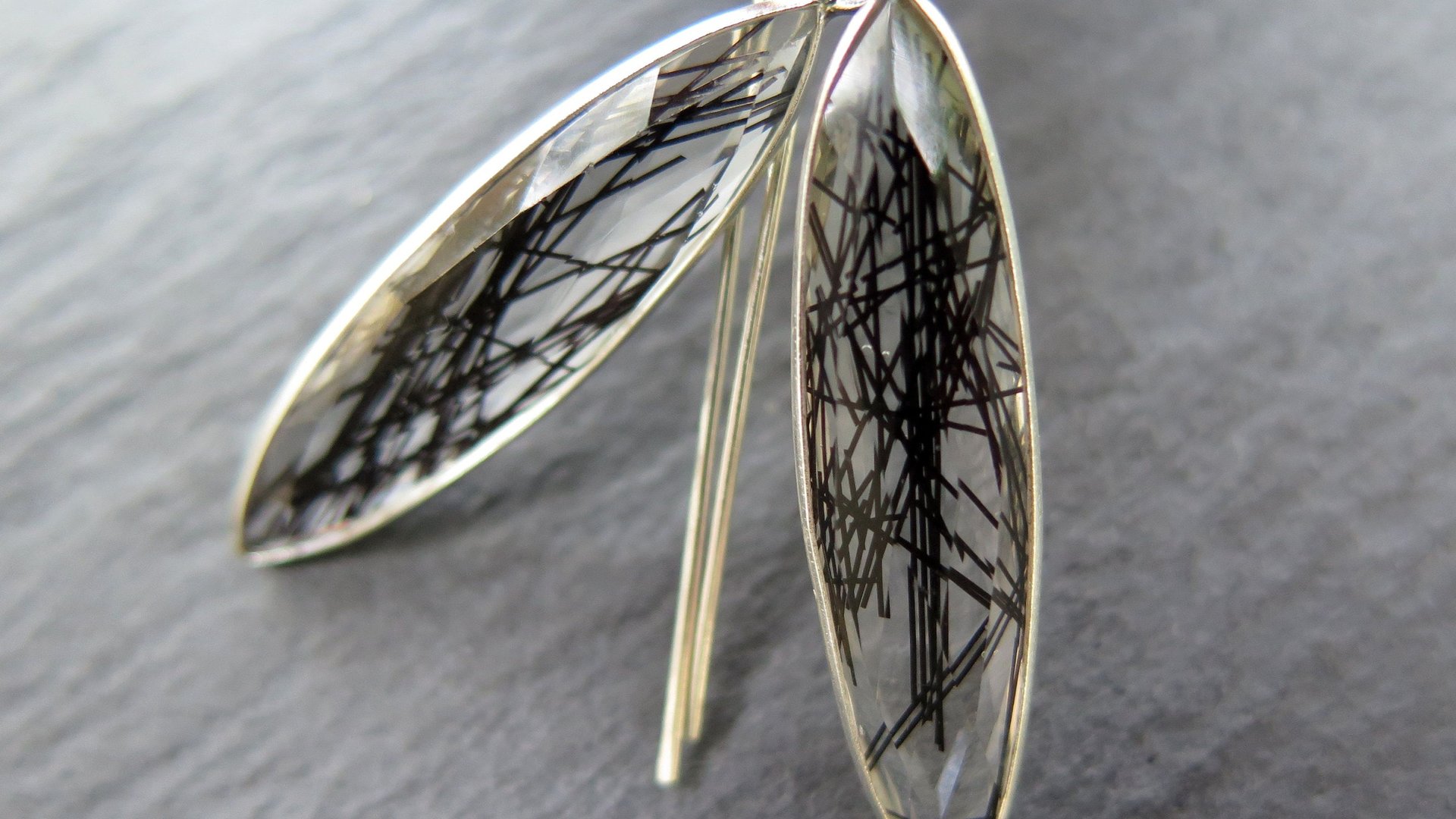artisan rutilated quartz earrings in sterling silver. gorgeous black dangle earrings in sterling silver. natural gemstone jewellery