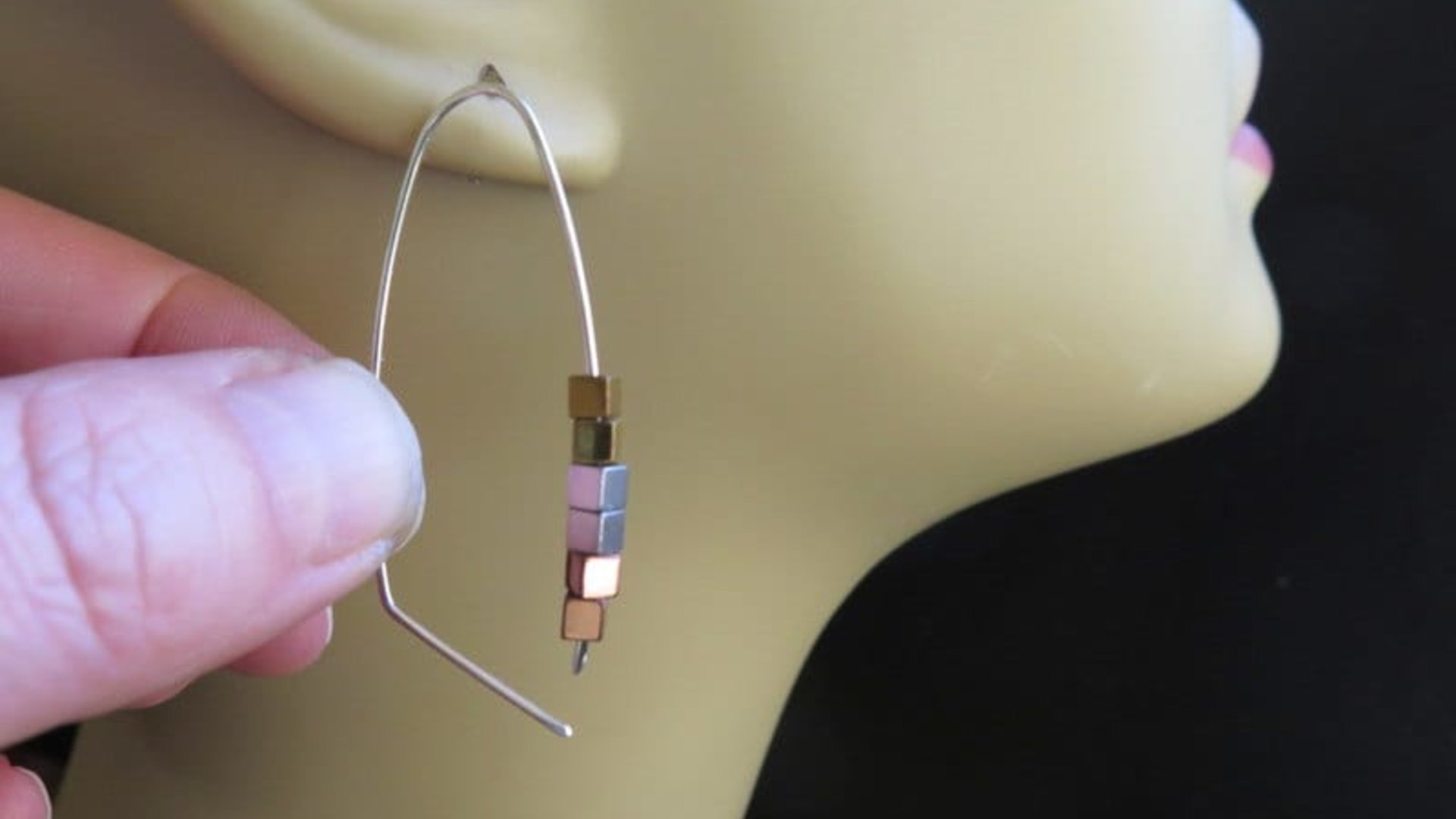 gold, silver and copper earrings. modern cube hematite hoops. metallic jewelry.