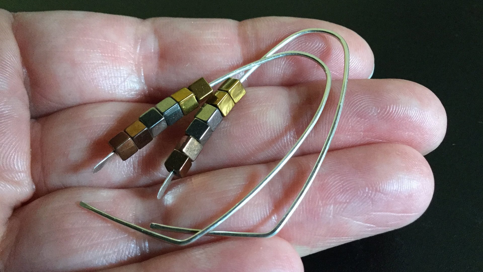 gold, silver and copper earrings. modern cube hematite hoops. metallic jewelry.