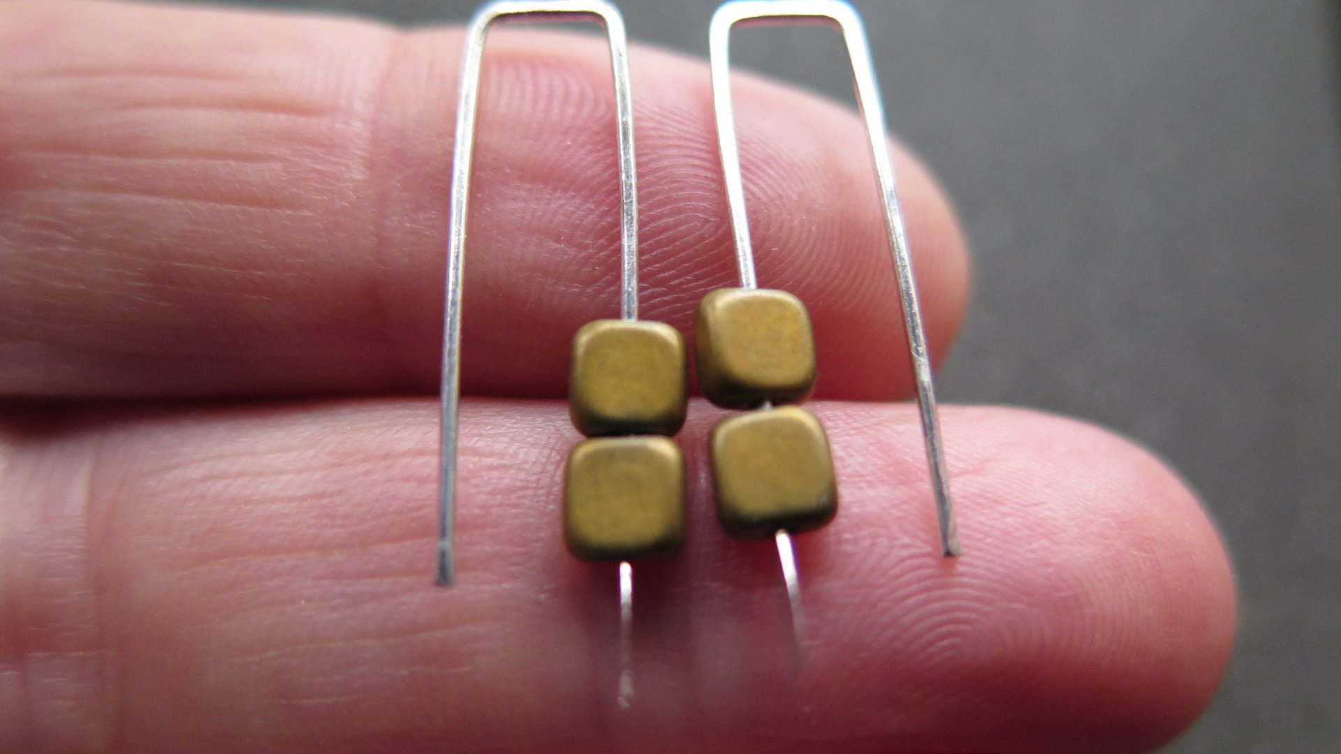 small matte gold earrings. square hematite jewelry. geometric jewellery. 1 inch earrings.