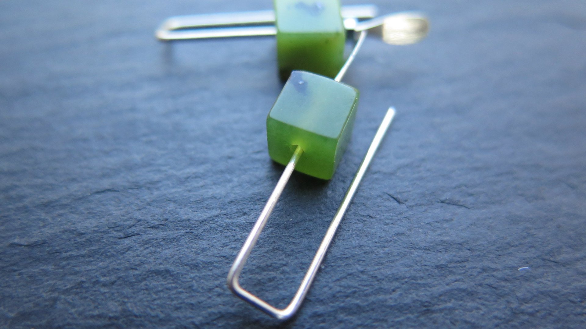 small green jade earrings from Canada. nephrite jade jewelry. cube earrings. Canadian seller. 1 inch earrings.