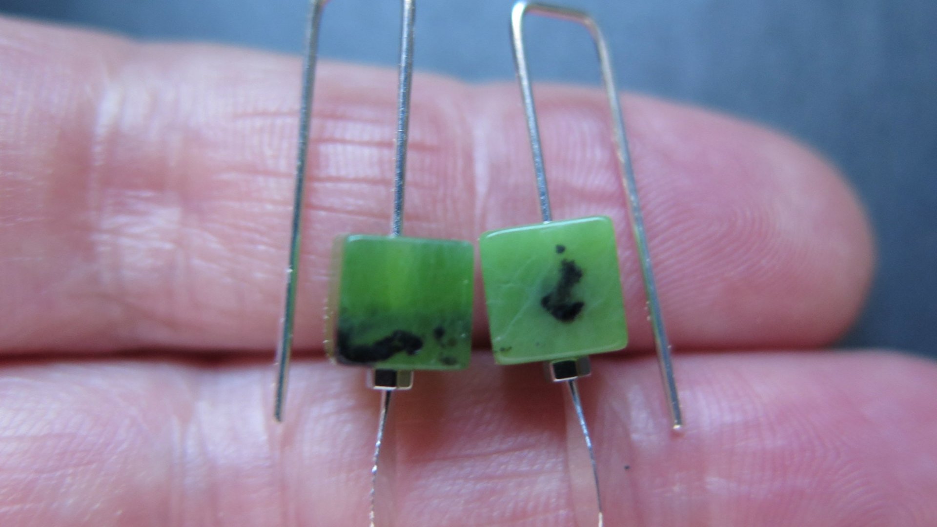 small green jade earrings from Canada. nephrite jade jewelry. cube earrings. Canadian seller. 1 inch earrings.
