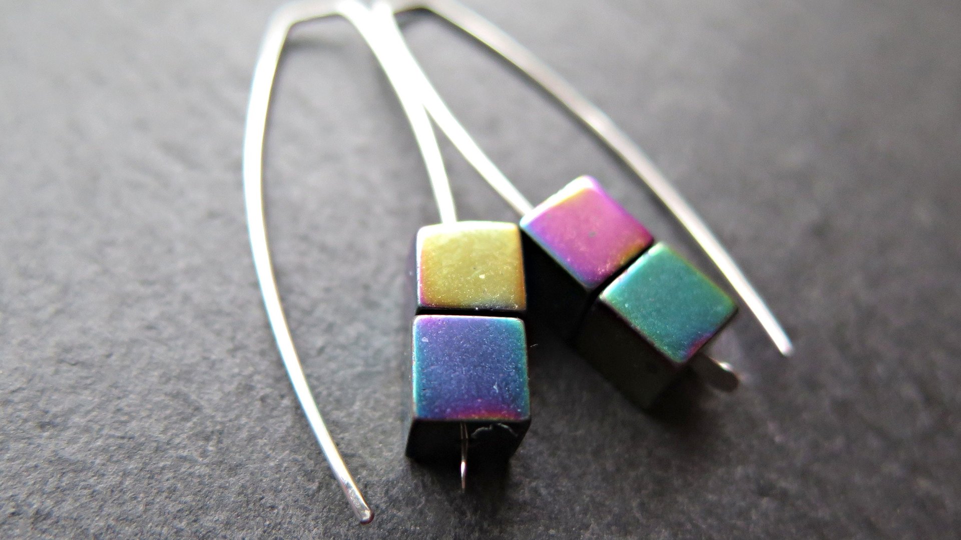 rainbow hematite earrings in sterling silver. modern cube earrings.1 1/2” drop earrings. splurge jewelry.
