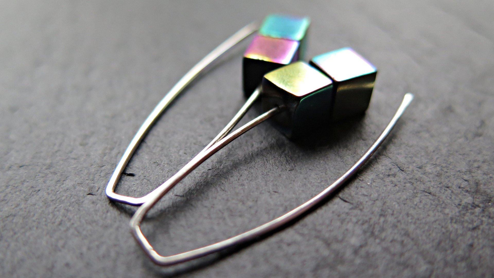rainbow hematite earrings in sterling silver. modern cube earrings.1 1/2” drop earrings. splurge jewelry.