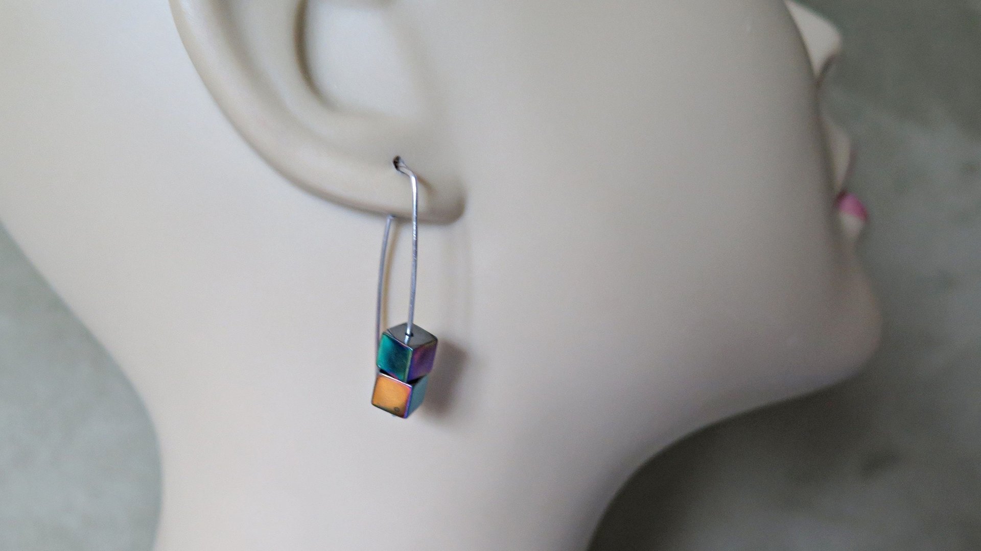 rainbow hematite earrings in sterling silver. modern cube earrings.1 1/2” drop earrings. splurge jewelry.