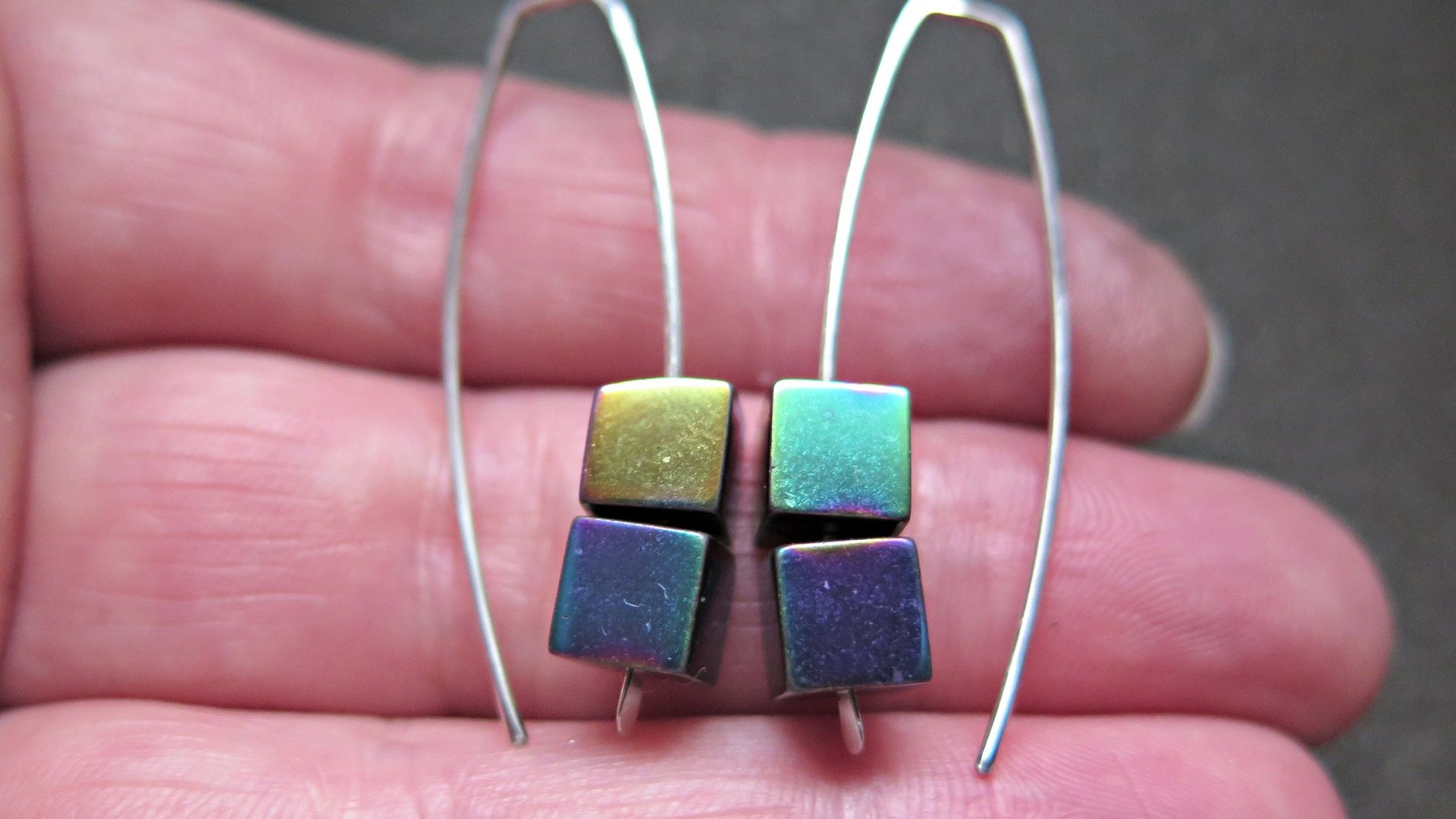 rainbow hematite earrings in sterling silver. modern cube earrings.1 1/2” drop earrings. splurge jewelry.