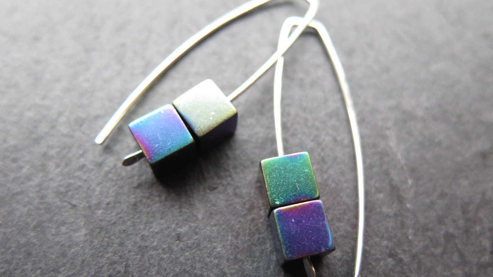 rainbow hematite earrings in sterling silver. modern cube earrings.1 1/2” drop earrings. splurge jewelry.