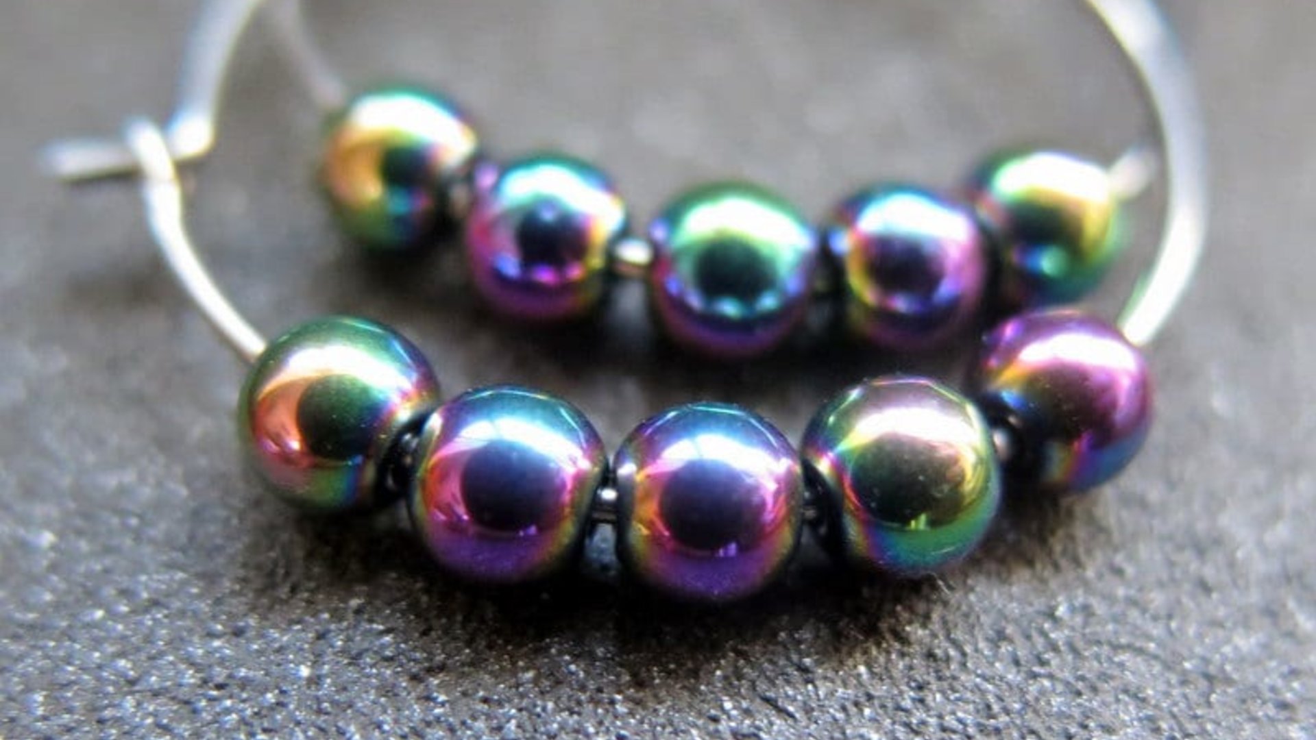 rainbow hematite earrings. niobium hoops. hypoallergenic jewelry.