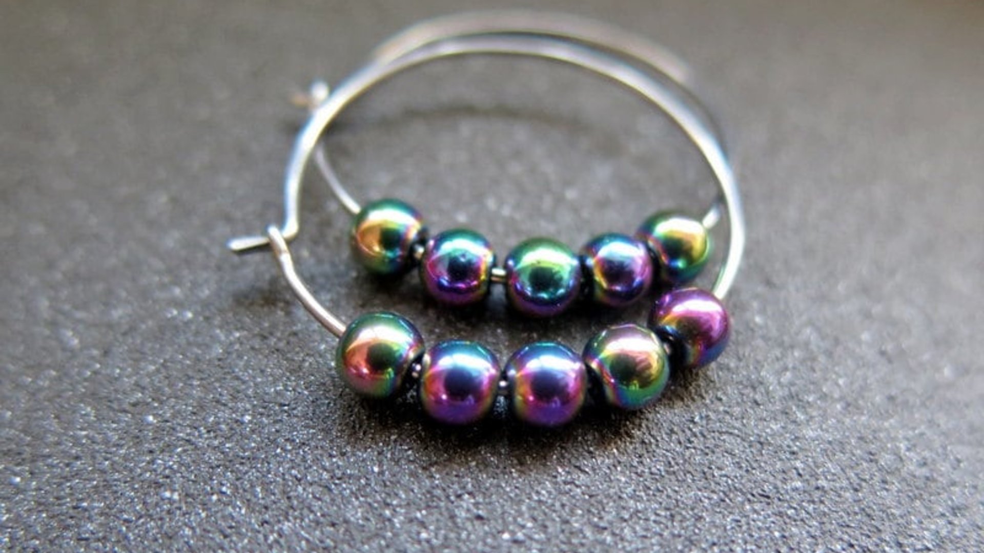 rainbow hematite earrings. niobium hoops. hypoallergenic jewelry.