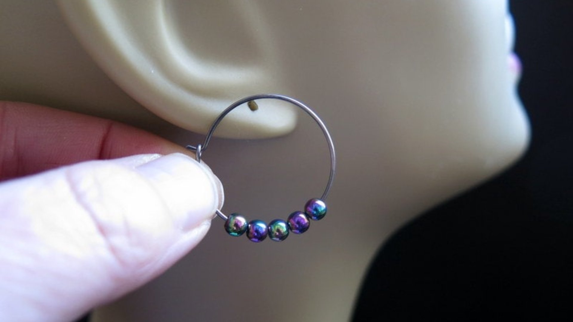 rainbow hematite earrings. niobium hoops. hypoallergenic jewelry.