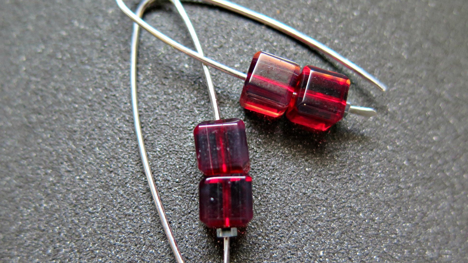 modern red earrings. crystal cube jewelry. 15th wedding anniversary gift of crystal.