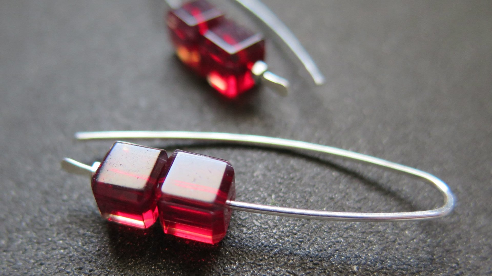 modern red earrings. crystal cube jewelry. 15th wedding anniversary gift of crystal.