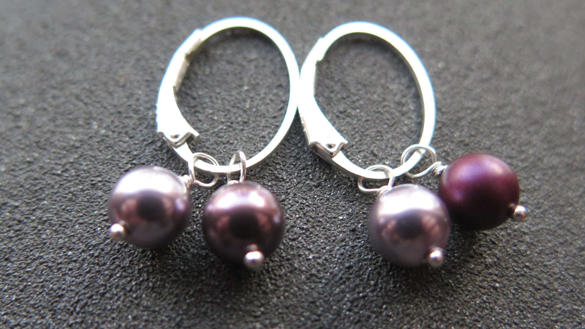 burgundy pearl earrings in sterling silver lever back hoops. design your own earrings. crystal pearl jewelry. modern pearl jewellery.