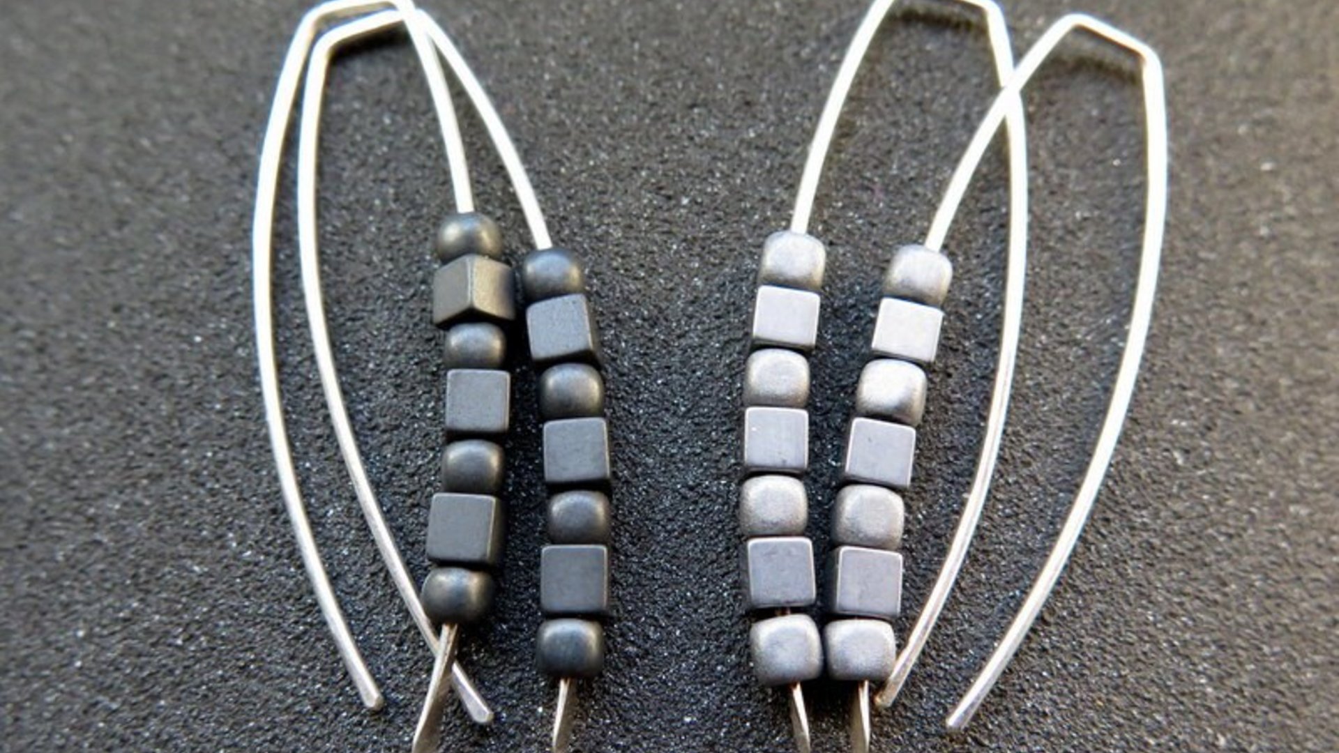 modern silver earrings. hematite jewellery. Canadian seller.