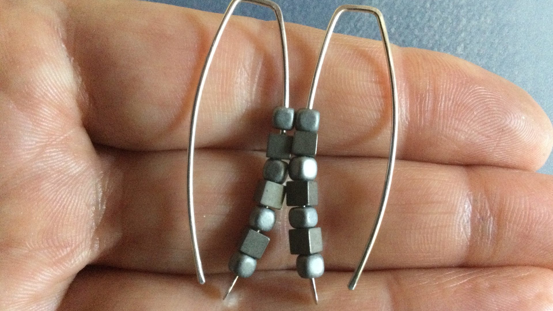 modern silver earrings. hematite jewellery. Canadian seller.