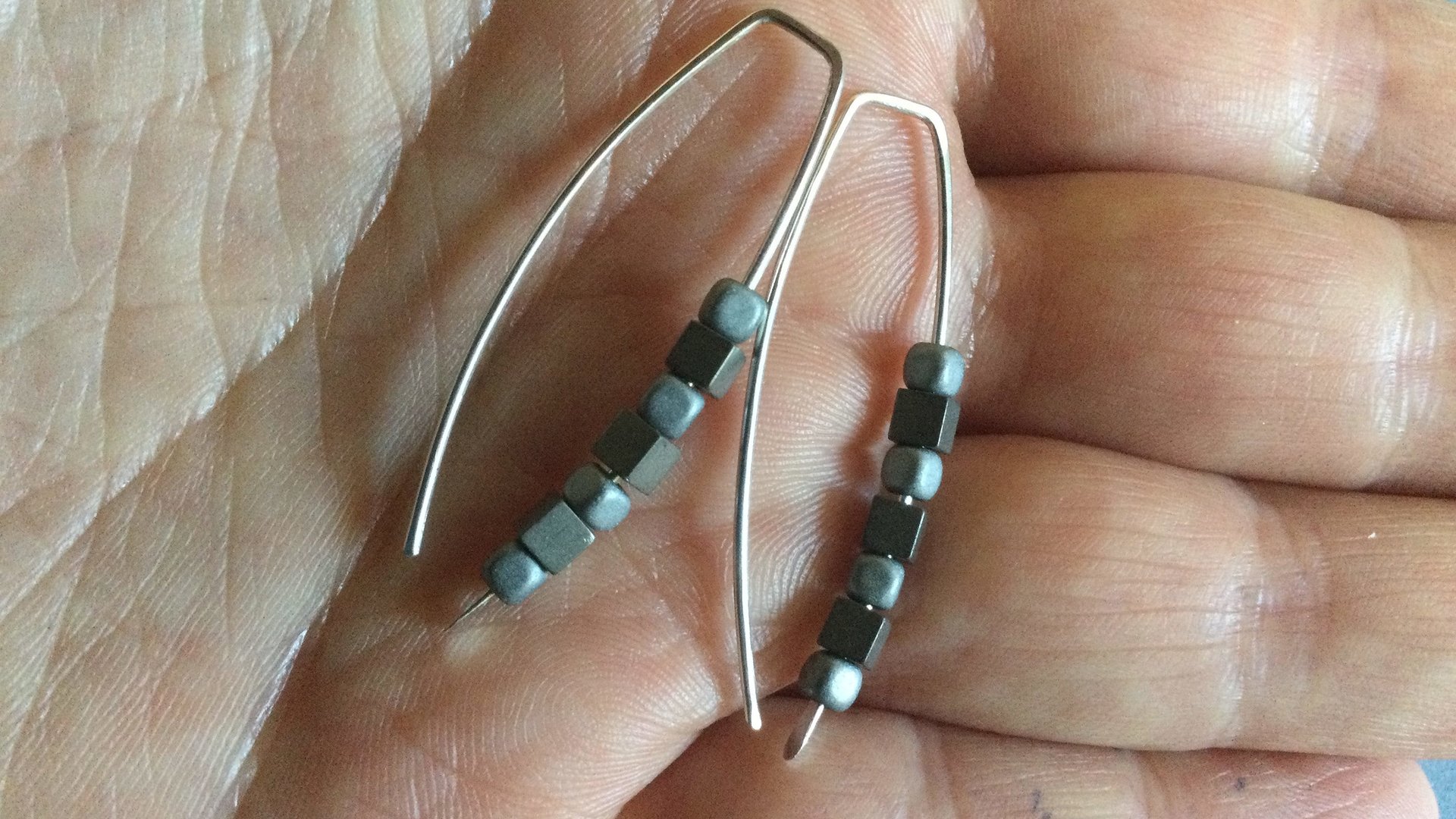 modern silver earrings. hematite jewellery. Canadian seller.