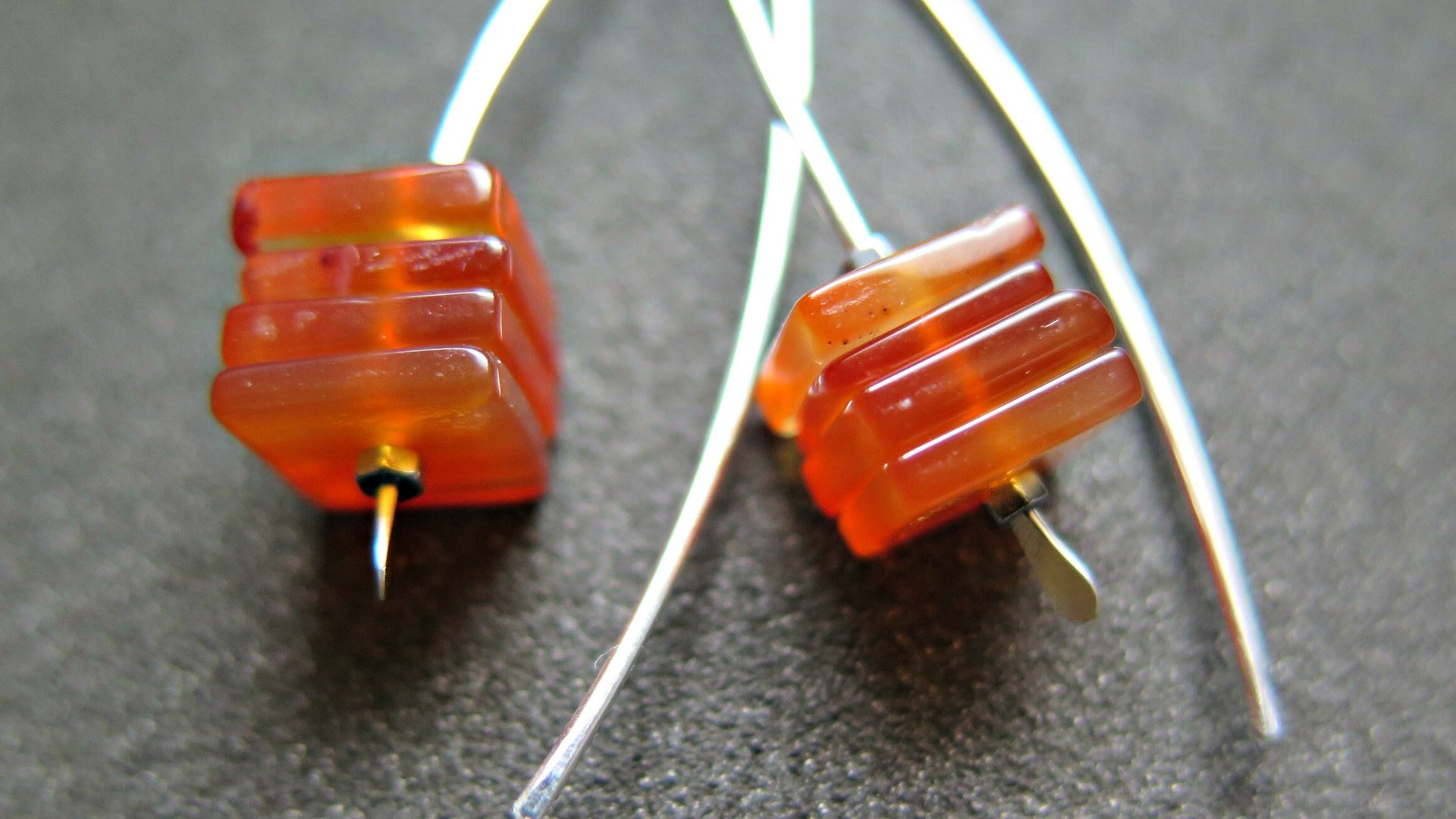 carnelian earrings in sterling silver. burnt orange jewelry. natural square stone beads.