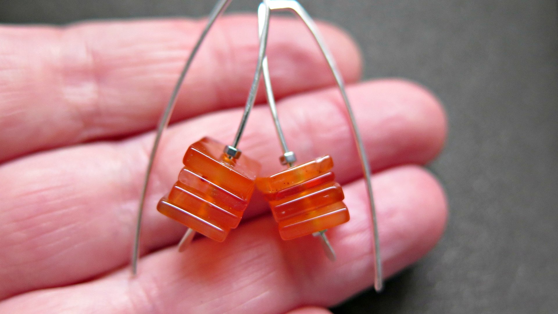 carnelian earrings in sterling silver. burnt orange jewelry. natural square stone beads.
