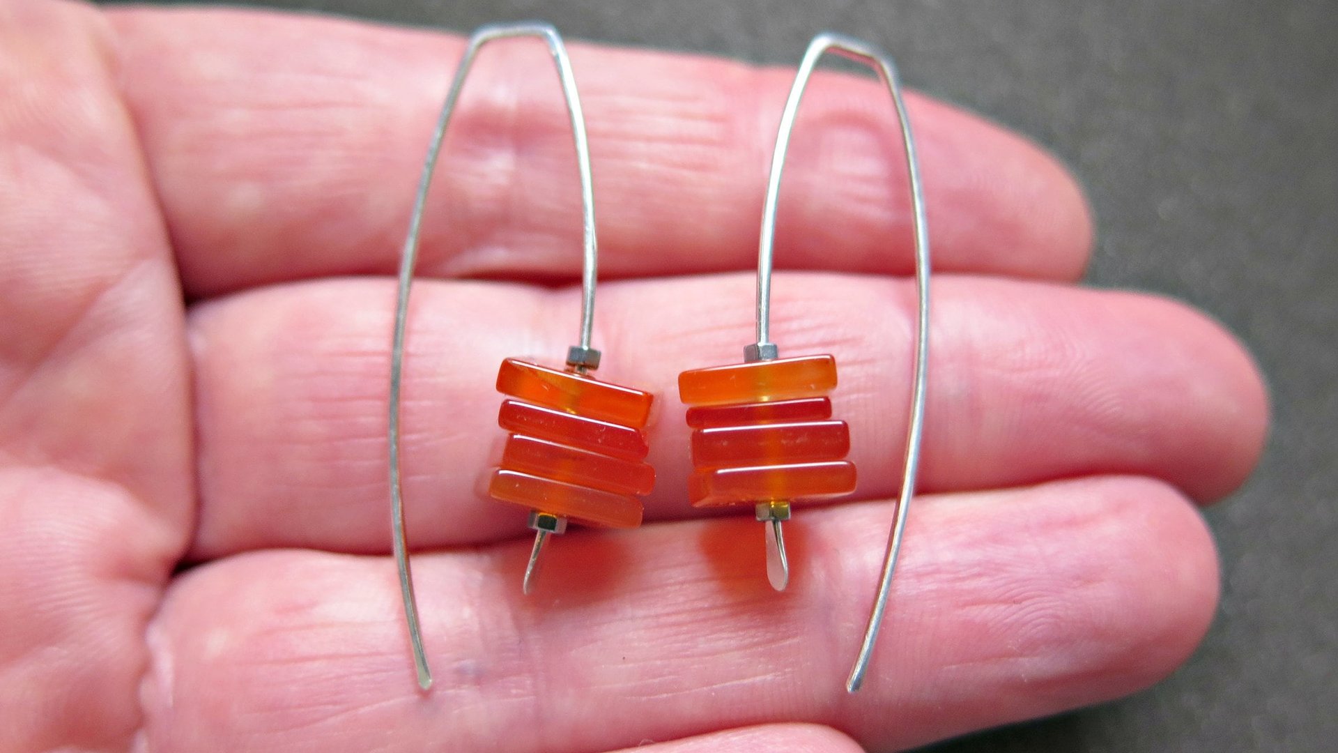 carnelian earrings in sterling silver. burnt orange jewelry. natural square stone beads.