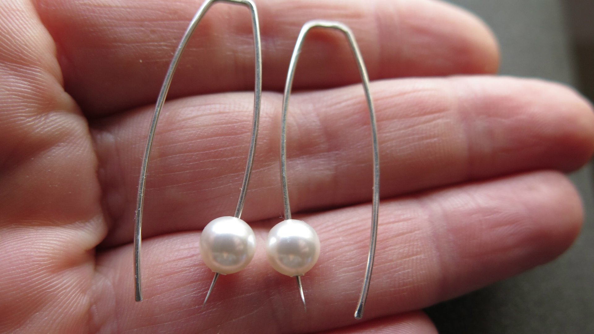 white pearl earrings in sterling silver. crystal pearl jewelry. 1 1/2” drop earrings.