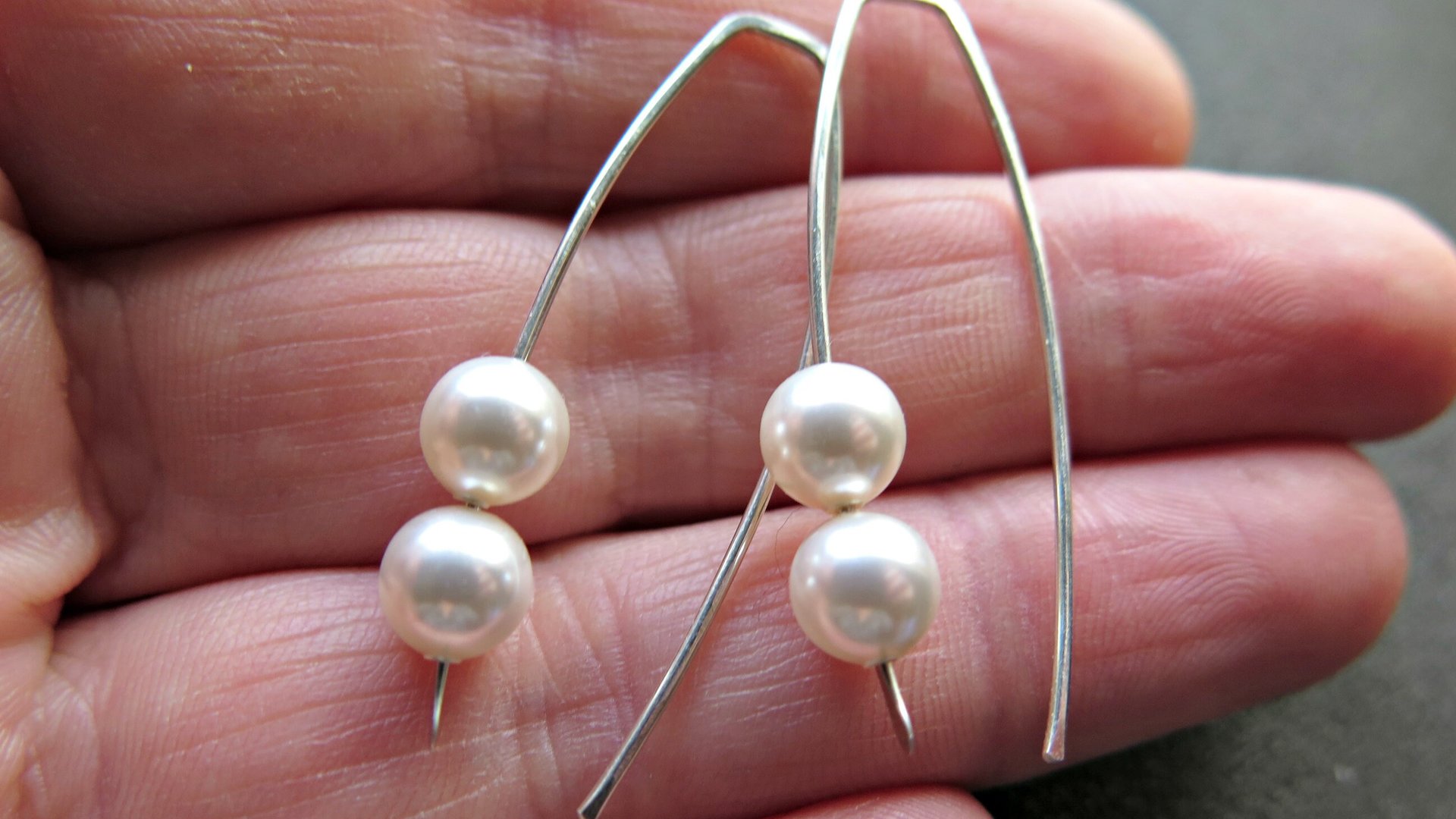 white pearl earrings in sterling silver. crystal pearl jewelry. 1 1/2” drop earrings.