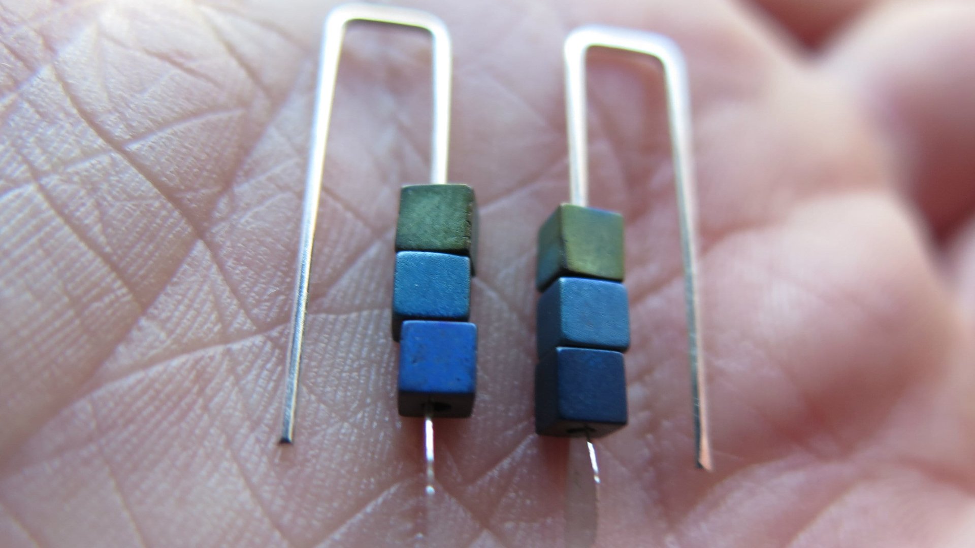 blue earrings. green jewelry. indigo, blue and green hematite beads. small earings.