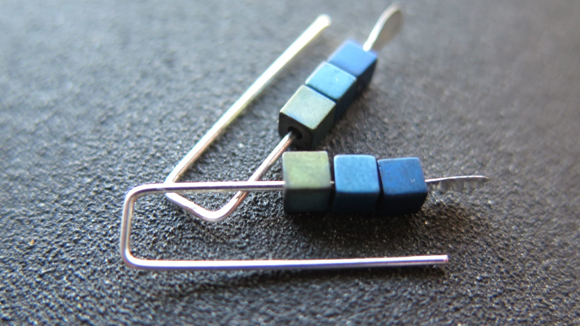 blue earrings. green jewelry. indigo, blue and green hematite beads. small earings.