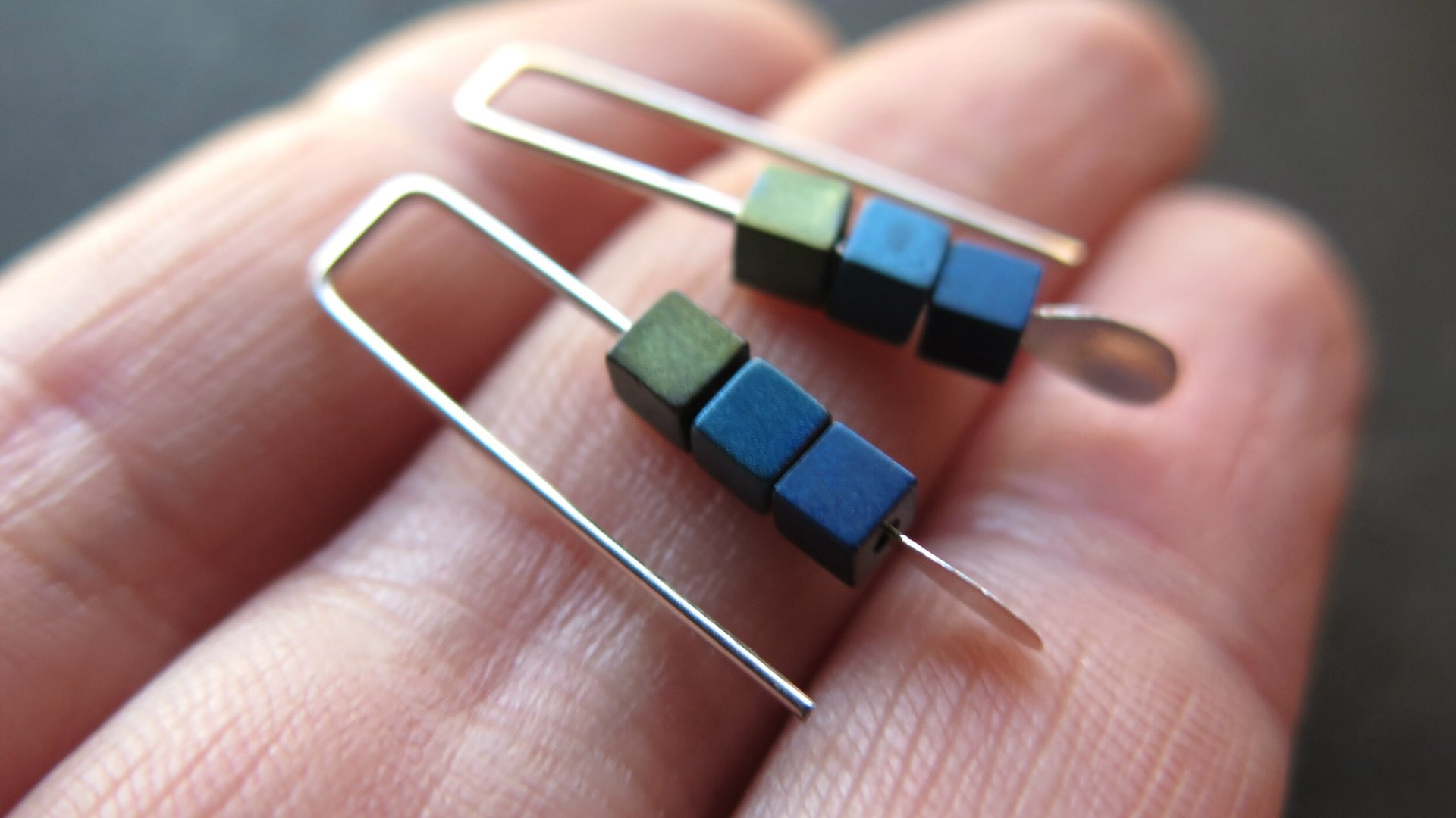 blue earrings. green jewelry. indigo, blue and green hematite beads. small earings.