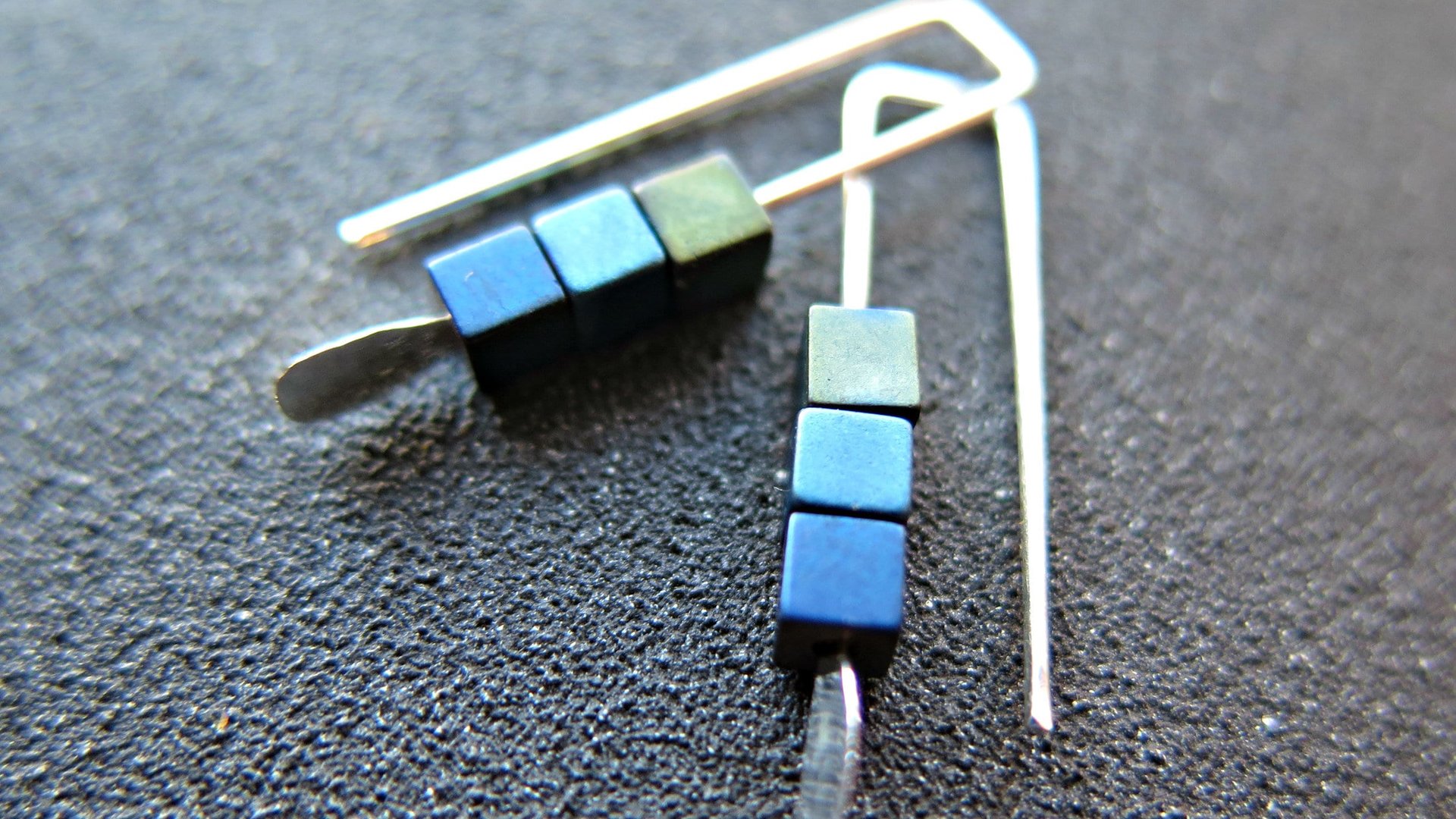 blue earrings. green jewelry. indigo, blue and green hematite beads. small earings.
