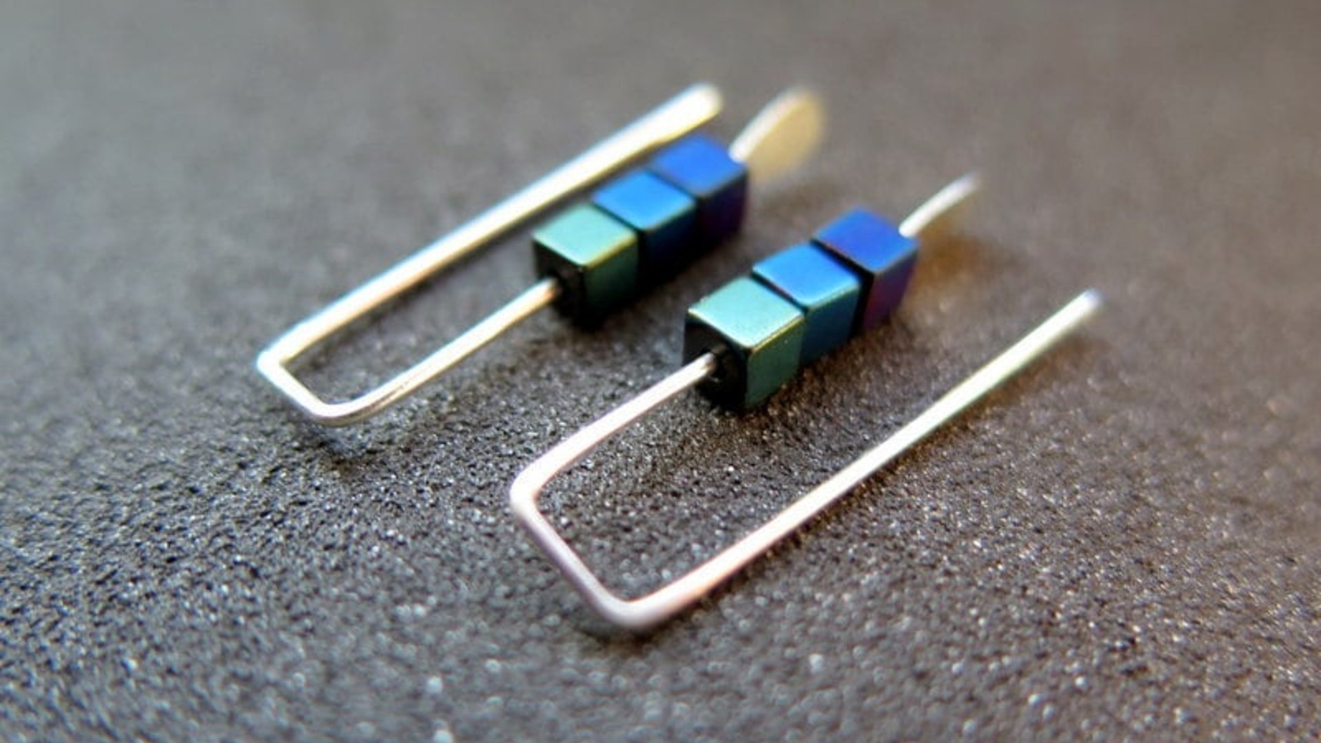 blue earrings. green jewelry. indigo, blue and green hematite beads. small earings.