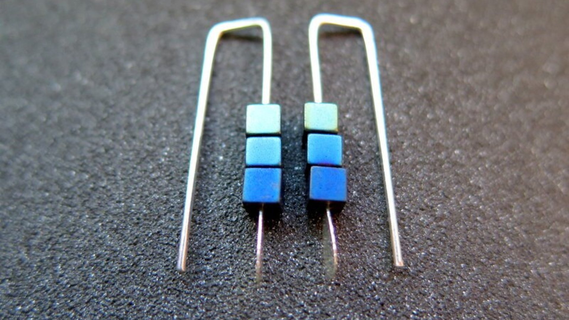 blue earrings. green jewelry. indigo, blue and green hematite beads. small earings.