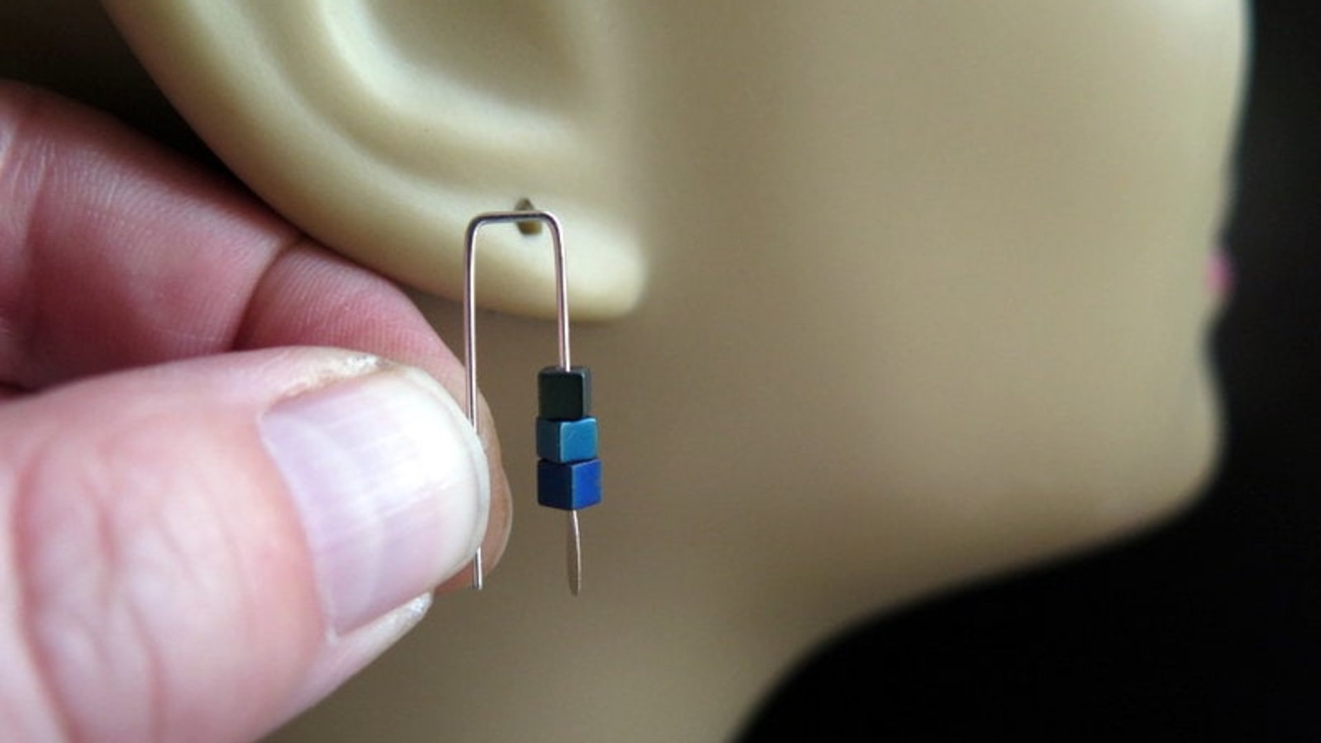 blue earrings. green jewelry. indigo, blue and green hematite beads. small earings.